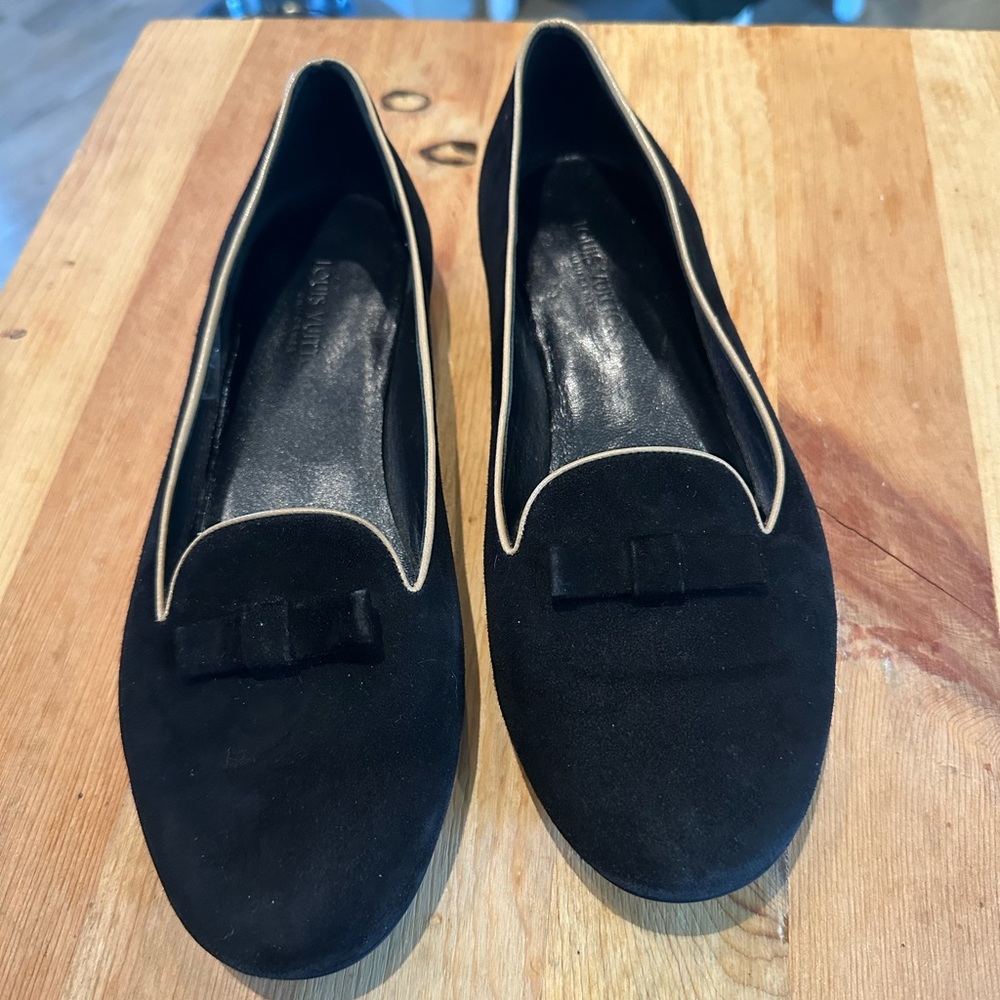 Louis Vuitton Black Velvet Loafers with Bow Accent